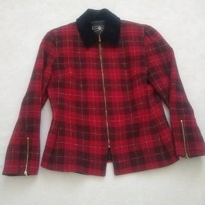 St John zip front red plaid tartan vintage velvet collar lady jacket